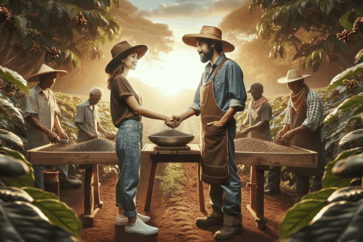 A roaster and a coffee farmer meeting at a farm, shaking hands near coffee plants—representing trust and transparency in direct trade