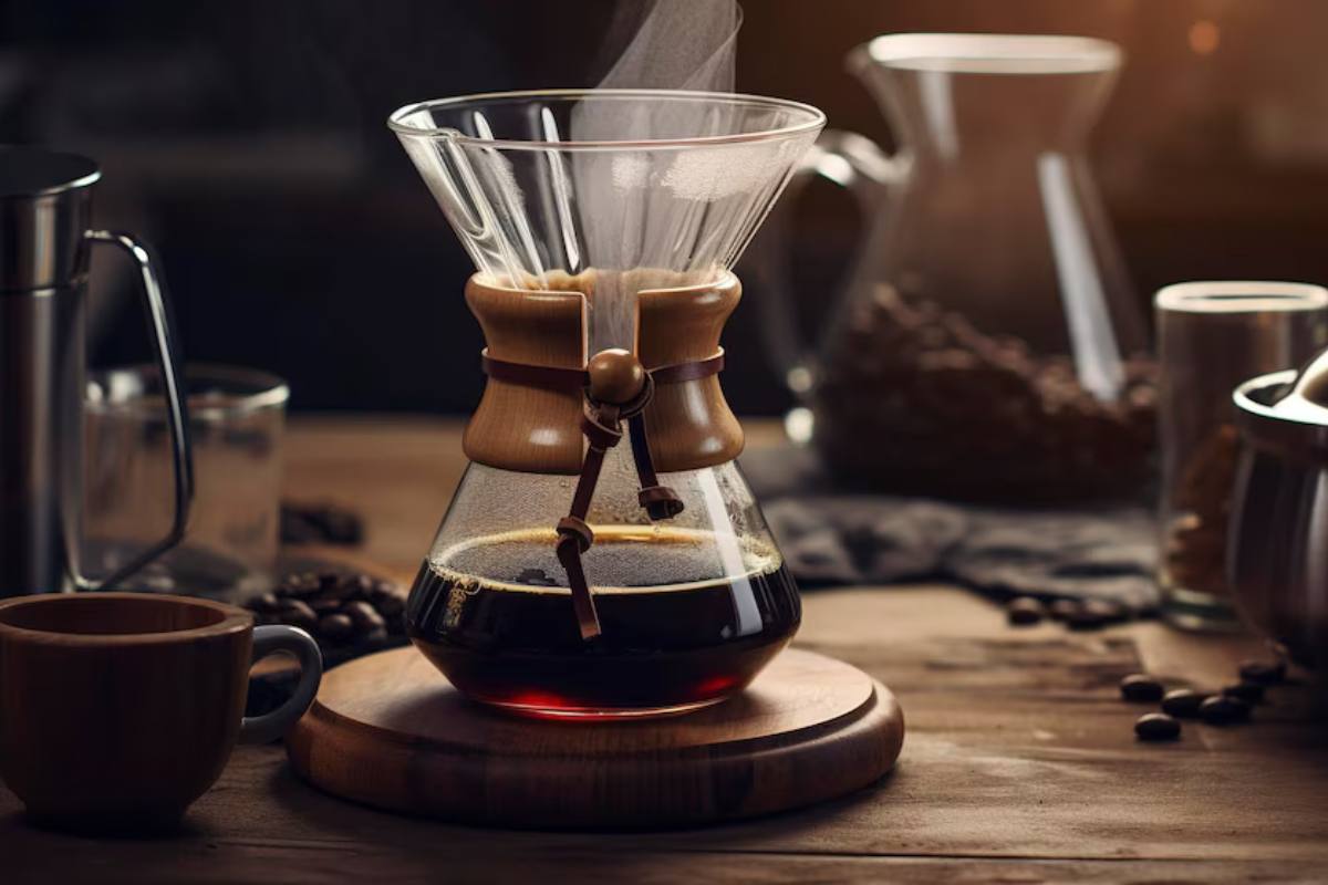 Ultra-realistic image of freshly brewed coffee being poured from a Chemex into a glass mug, highlighting the clarity and elegance of the brewing process.